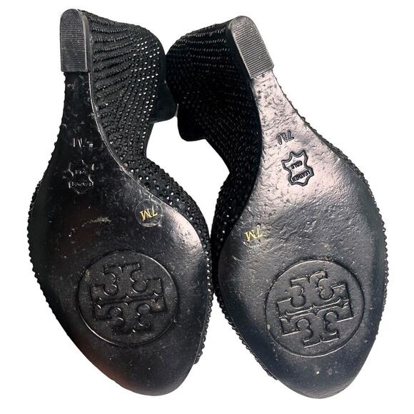 Tory Burch Black Suede Crystal Embellishments Wedge Sandals Sz 7 M Glam Mob Wife - Picture 6 of 16
